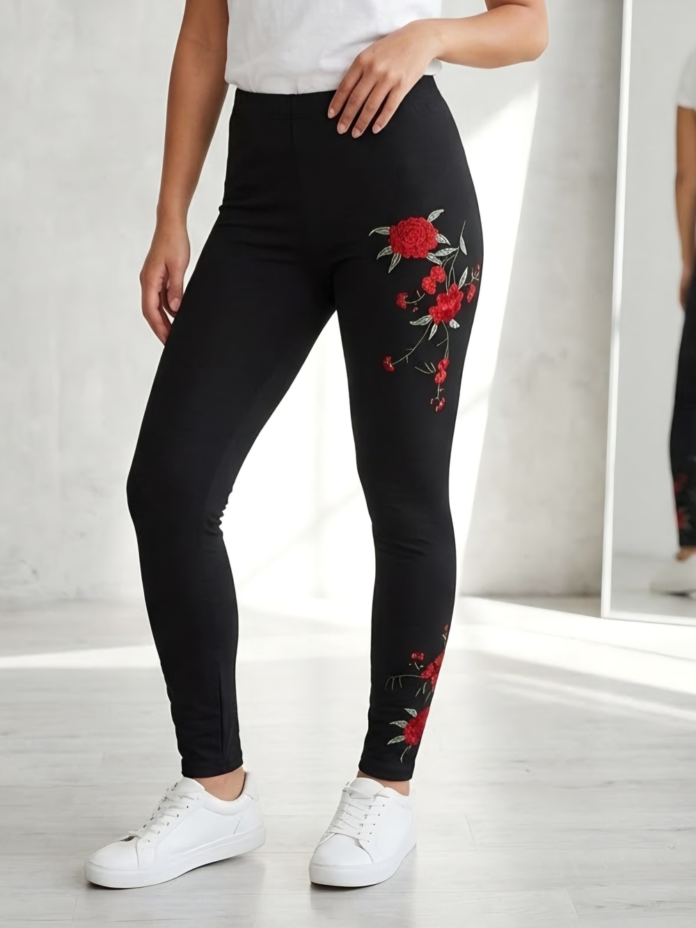 Frank Lyman Design Black Leggings with Red Floral Embroidery